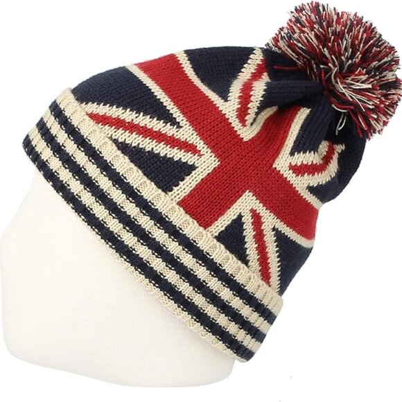 Knit Union Jack Pom Beanie Hat One Size  Navy NEW Limited Edition - Picture 4 of 4